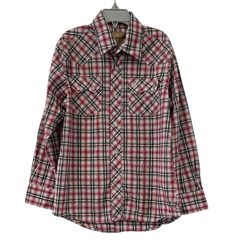 Wrangler Retro Boy's Snap Shirt Long Sleeve Red Plaid Medium 7/8 Pearl Snaps